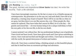 JK Rwoling remembers Oliver Sacks