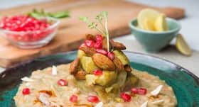 Healthy chaat recipe: almond, sweet potato and pomegranate chaat with white pea ragda
