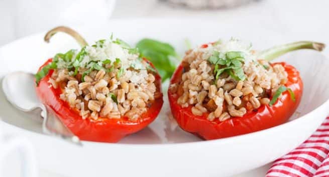 Brown-rice-stuffed-red-peppers-with-cheese-and-fresh-basil