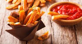 Healthy snack recipe: Fries infused with herbs and olive oil, served with beetroot ketchup